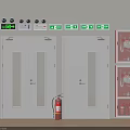White Swing Doors With Narrow Glass Panels And Green Safety Signs Near Red Fire Extinguisher