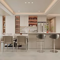 Modern Restaurant Interior With Open Concept Design Dining Table Bar Stools And Marble Countertop 3d model