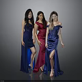 Three Women In Blue Red Off Shoulder Long Dresses With High Slit Against Gray Background