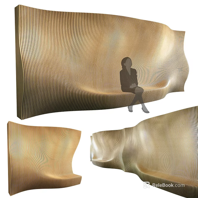 Modern Public Chair with Wavy Wooden Texture and Sitting Figure in Urban Space 3d model 