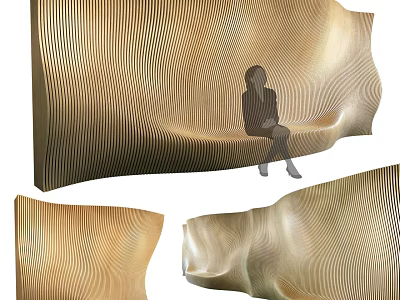 Modern Public Chair with Wavy Wooden Texture and Sitting Figure in Urban Space 3d model