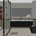 Modern Bathroom Interior With Tiled Walls Large Mirror Black Vanity And Marble Countertop