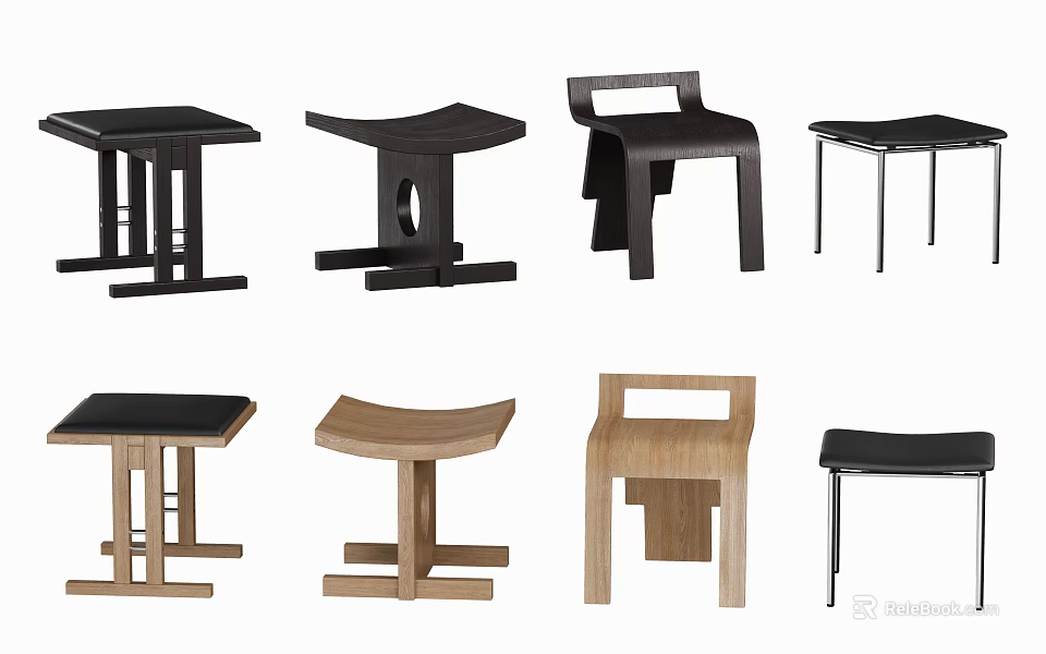 Various Modern Stools With Different Designs And Materials Including Wooden And Metal Frames 3d model