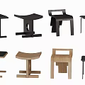 Various Modern Stools With Different Designs And Materials Including Wooden And Metal Frames 3d model