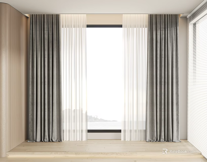 Modern Interior Window Decor With Gray Velvet And White Sheer Double Layer Curtains 3d model 