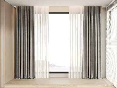 Modern Interior Window Decor With Gray Velvet And White Sheer Double Layer Curtains 3d model