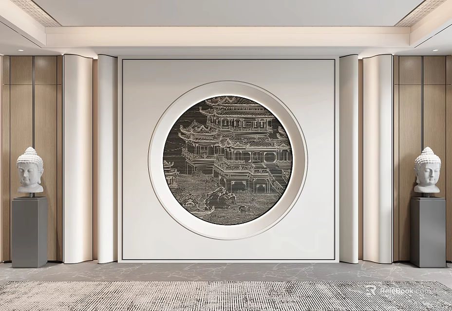 Elegant Background Wall With Circular Carved Design Flanking Columns And Side Buddha Statues 3d model 