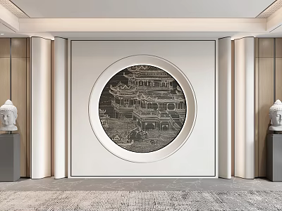 Elegant Background Wall With Circular Carved Design Flanking Columns And Side Buddha Statues 3d model