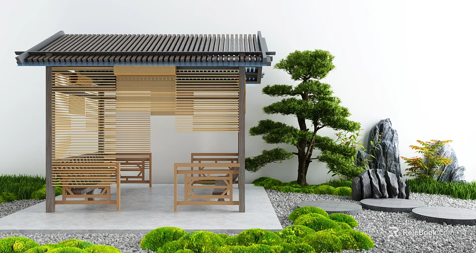 Wooden Landscape Pavilion With Traditional Roof Bonsai Tree Stone Decor And Green Shrubs 3d model 