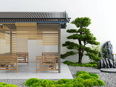 Wooden Landscape Pavilion With Traditional Roof Bonsai Tree Stone Decor And Green Shrubs 3d model
