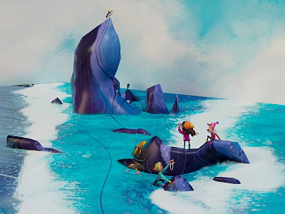 Cartoon Scene With Purple Rock Like Structures Blue Water Waves Characters And Floating Barrels 3d model