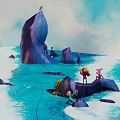 Cartoon Scene With Purple Rock Like Structures Blue Water Waves Characters And Floating Barrels