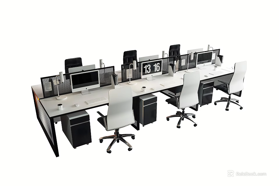 Modern Office Desk Setup With Multiple Workstations Computers Dividers And Chairs In Open Office Area 3d model