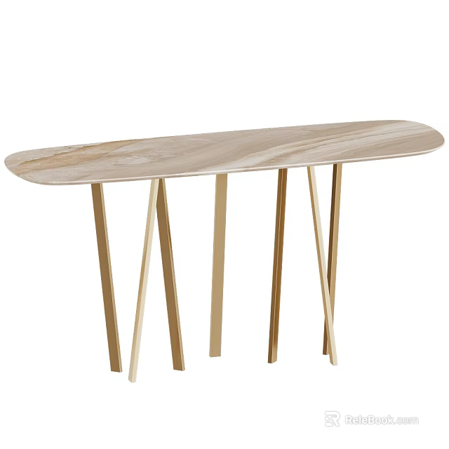 Elegant Modern Console Table With Curved Light Marble Top And Golden Metal Legs Design 3d model 
