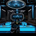 Modern KTV Lounge Interior With Red Lighting Circular Screen Leather Sofas And Tables 3d model