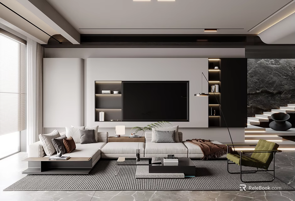 Modern Living Room With Sectional Sofa TV Unit And Accent Chair 3d model 