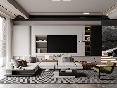 Modern Living Room With Sectional Sofa TV Unit And Accent Chair 3d model