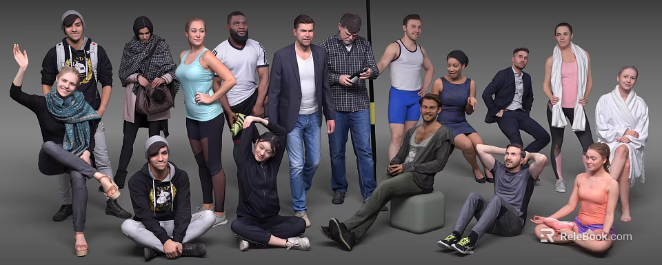 Group of Diverse People in Various Poses and Casual Attire in Studio 3d model 