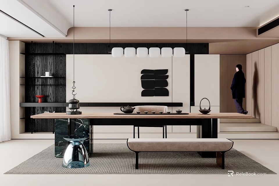 Modern Tea Room Interior With Wooden Table Tea Set Black Accent Wall And Pendant Lights 3d model 