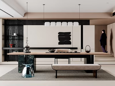 Modern Tea Room Interior With Wooden Table Tea Set Black Accent Wall And Pendant Lights 3d model