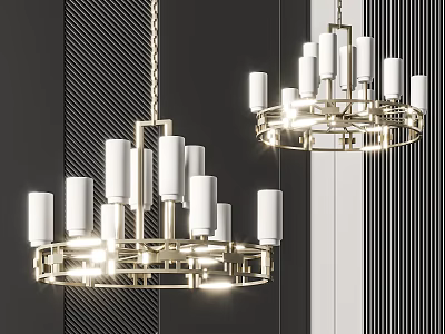 Two Modern Chandeliers With Gold Metal Frame And White Lampshades For Interior Design 3d model