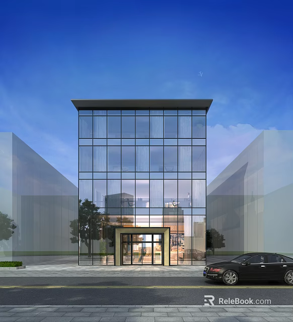 Modern Sales Office Building With Glass Curtain Wall Grand Entrance And Trees Under Blue Sky 3d model 