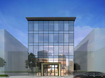Modern Sales Office Building With Glass Curtain Wall Grand Entrance And Trees Under Blue Sky 3d model