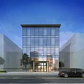 Modern Sales Office Building With Glass Curtain Wall Grand Entrance And Trees Under Blue Sky