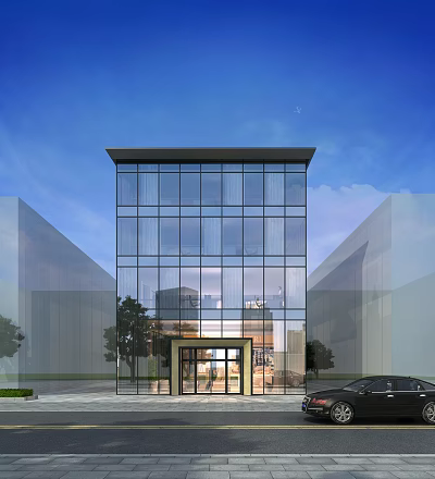 Modern Sales Office Building With Glass Curtain Wall Grand Entrance And Trees Under Blue Sky 3d model