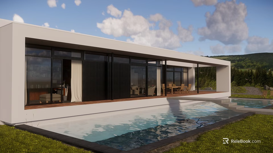 Modern Single Family Villa With Swimming Pool Large Glass Windows And Mountain View 3d model 