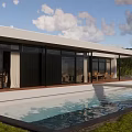 Modern Single Family Villa With Swimming Pool Large Glass Windows And Mountain View