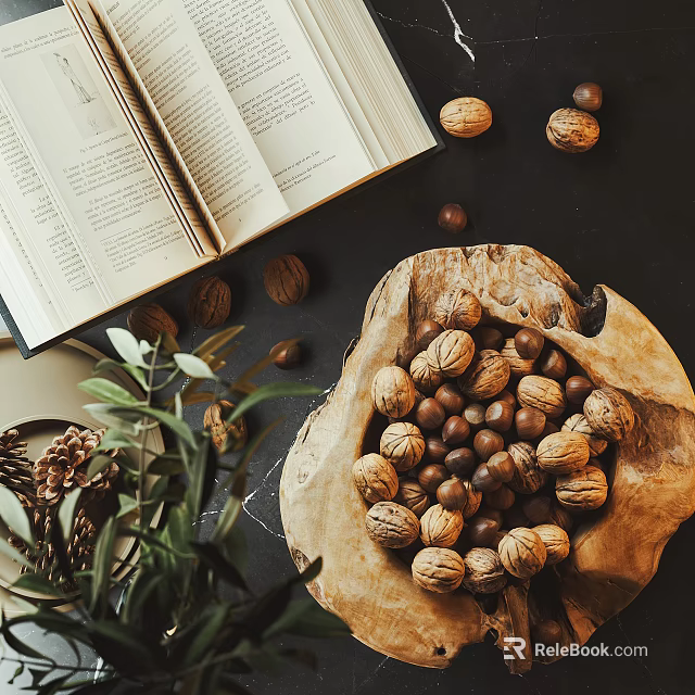 Natural Decorative Ornament Combination with Open Book Walnuts Pine Cones Green Plants in Wooden Bowl 3d model 
