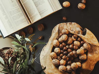 Natural Decorative Ornament Combination with Open Book Walnuts Pine Cones Green Plants in Wooden Bowl 3d model