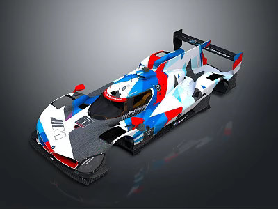 Blue Red White Streamlined Race Car With Aerodynamic Bodywork And Rear Wing 3d model
