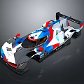 Blue Red White Streamlined Race Car With Aerodynamic Bodywork And Rear Wing