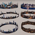 Circular Urban Garden Landscape with Skyscrapers Water Views Day Night Scenes