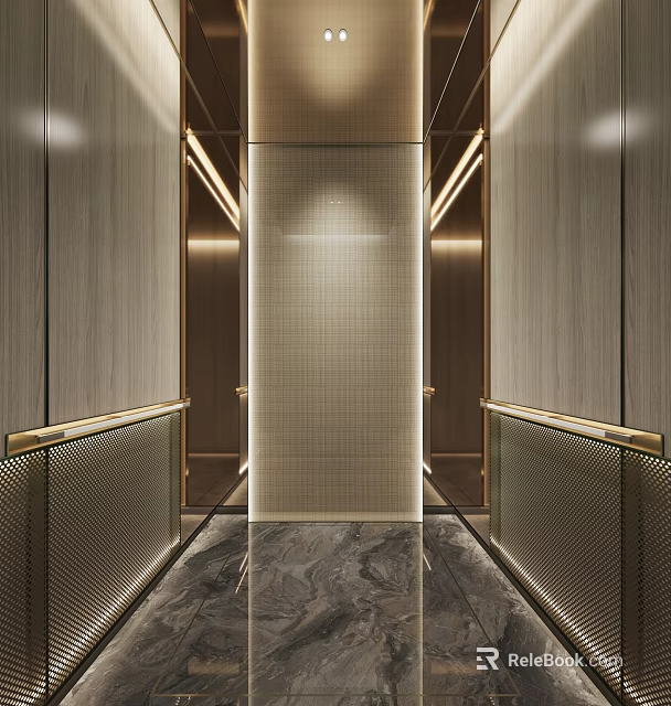 Elegant Modern Elevator Lobby Interior With Marble Floors And Gold Accents 3d model 