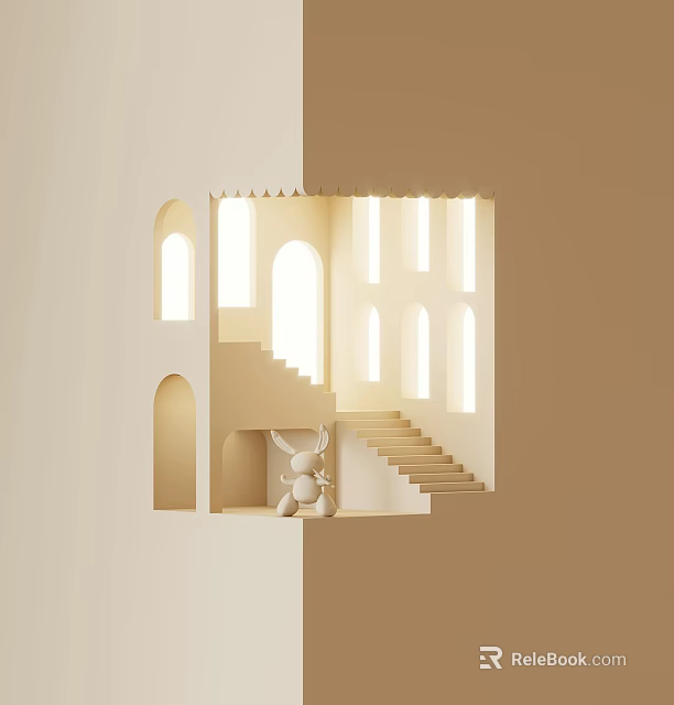 Wall Lights Illuminating Architectural Model Structure With Arched Windows Staircase And Rabbit Doll 3d model