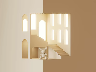 Wall Lights Illuminating Architectural Model Structure With Arched Windows Staircase And Rabbit Doll 3d model