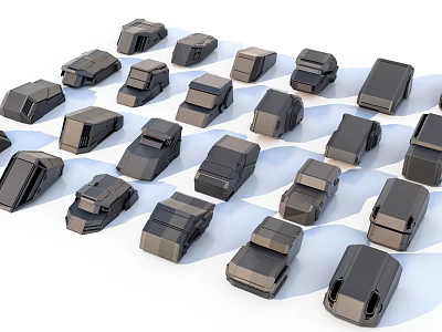 Multiple Black Industrial Equipment Parts Arranged Neatly On White Background 3d model