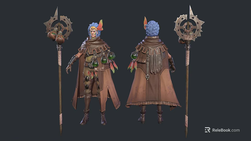 Woman Character Design With Blue Hair Brown Cloak Gear Staff And Green Orbs 3d model 