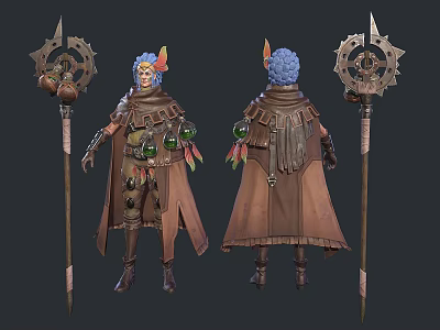 Woman Character Design With Blue Hair Brown Cloak Gear Staff And Green Orbs 3d model