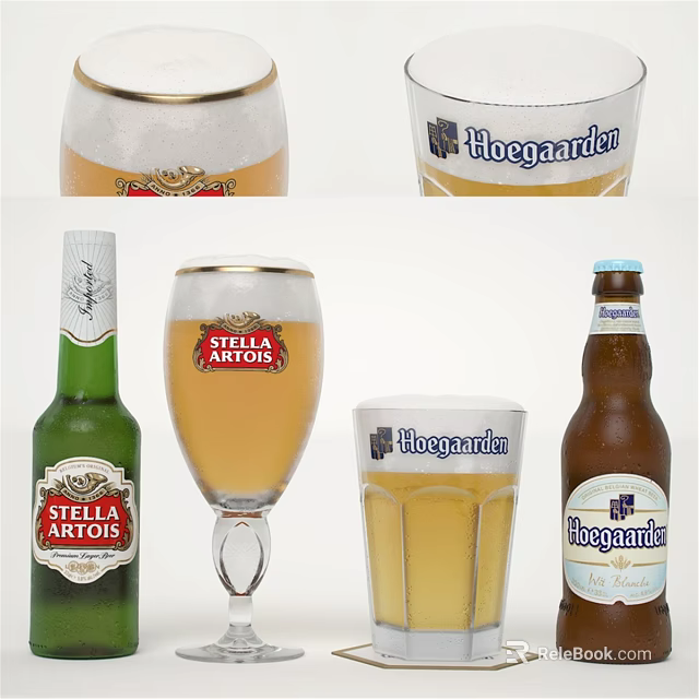 Stella Artois And Hoegaarden Beer Bottles With Glasses Of Golden Refreshing Beer 3d model 