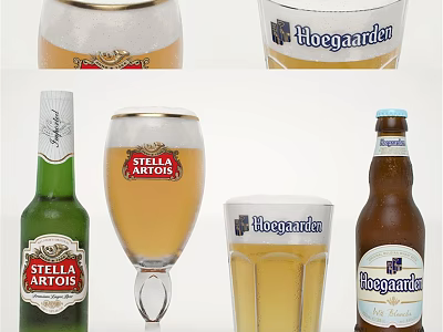 Stella Artois And Hoegaarden Beer Bottles With Glasses Of Golden Refreshing Beer 3d model