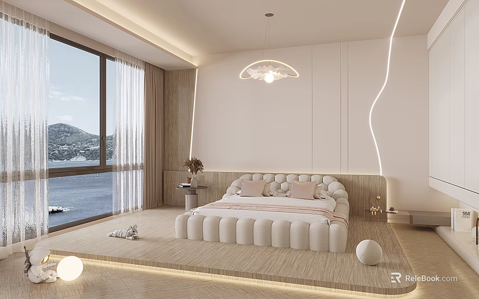 Minimalist Bedroom With Large Window Sea View Mountains Curved Light Strips Round Pendant Upholstered Bed 3d model 