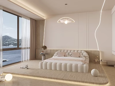 Minimalist Bedroom With Large Window Sea View Mountains Curved Light Strips Round Pendant Upholstered Bed 3d model