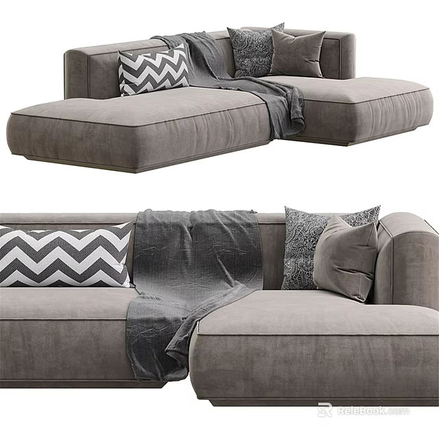 Modern Gray Sectional Sofa with Chevron Pattern Pillows and Throw Blanket 3d model