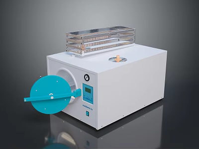 White Laboratory Sterilizer Machine With Blue Door Digital Display And Transparent Tray 3d model