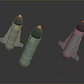 Three Metallic Military Bombs with Red Tips and Fins on Reflective Surface