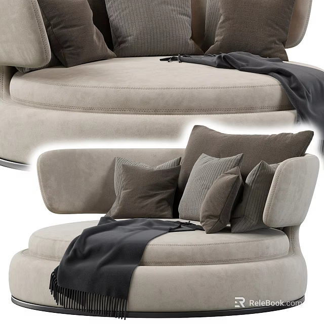 Modern Beige Upholstered Single Sofa With Curved Arms Throw Pillows And Soft Blanket 3d model 